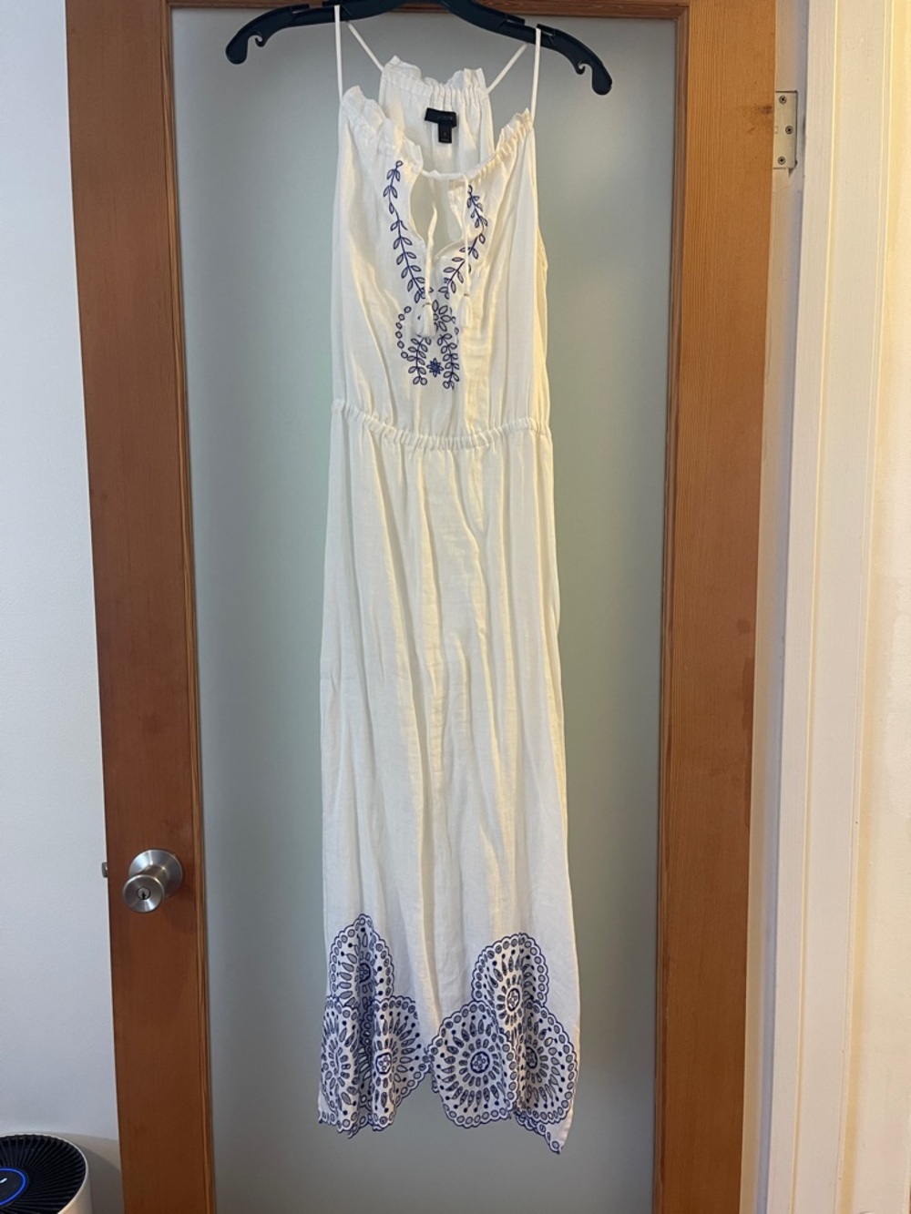 J. Crew Cream Maxi Dress with Navy Embroidery